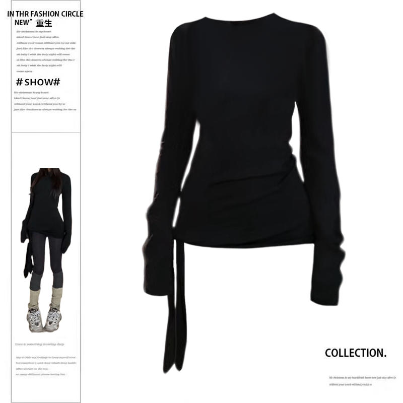 黑色正肩飘带长袖恤女秋冬新款修身显瘦设计感打底衫