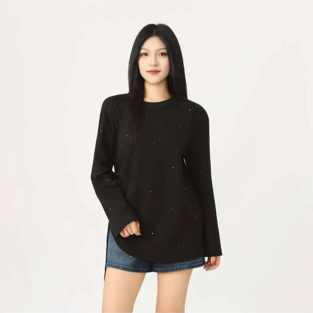 AMASS/阿玛施秋季慵懒感小众长袖T恤满天星烫钻圆领卫衣女530100