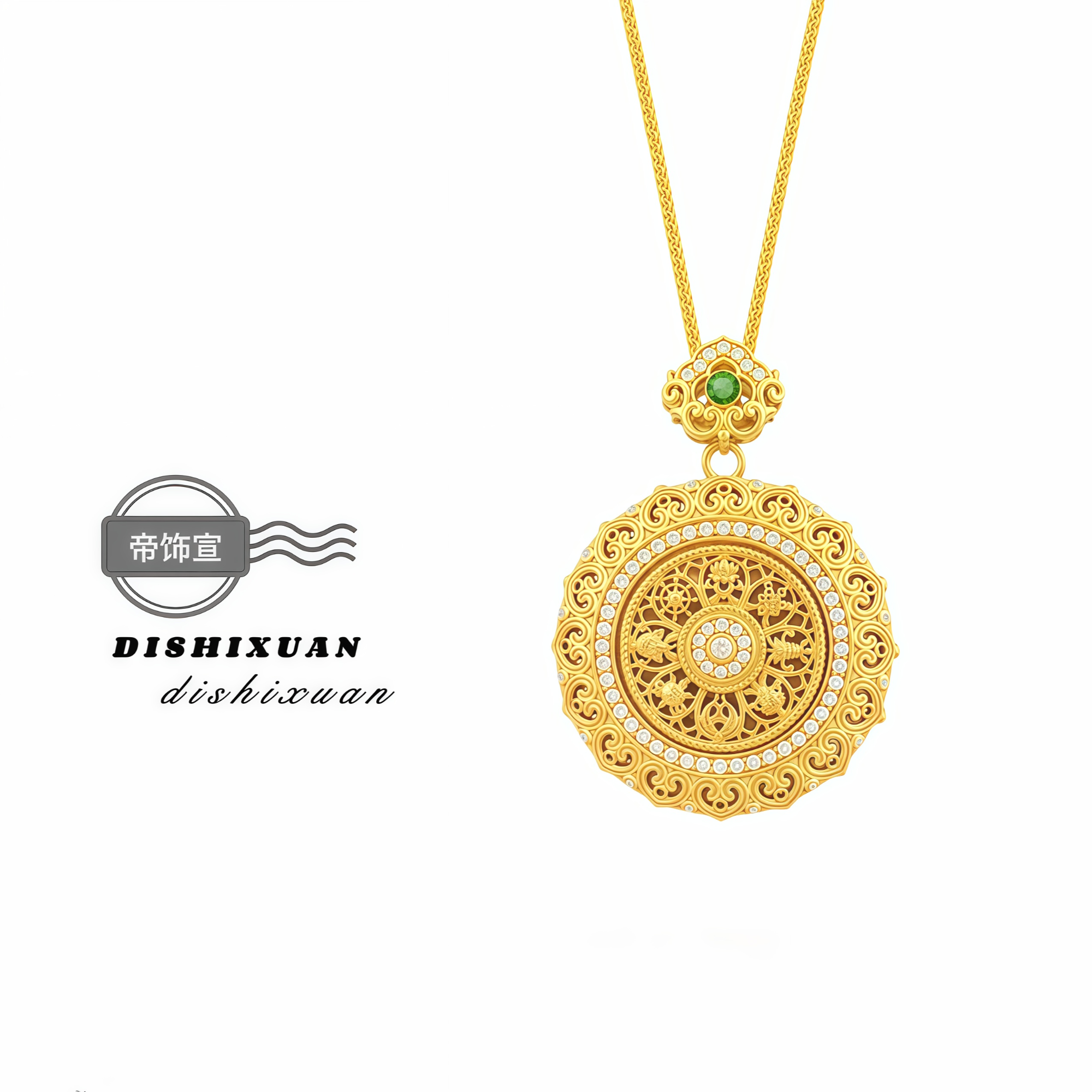 铜合金吊坠 新中式点钻花丝如意转动八宝罗盘吊坠项链国风送女友