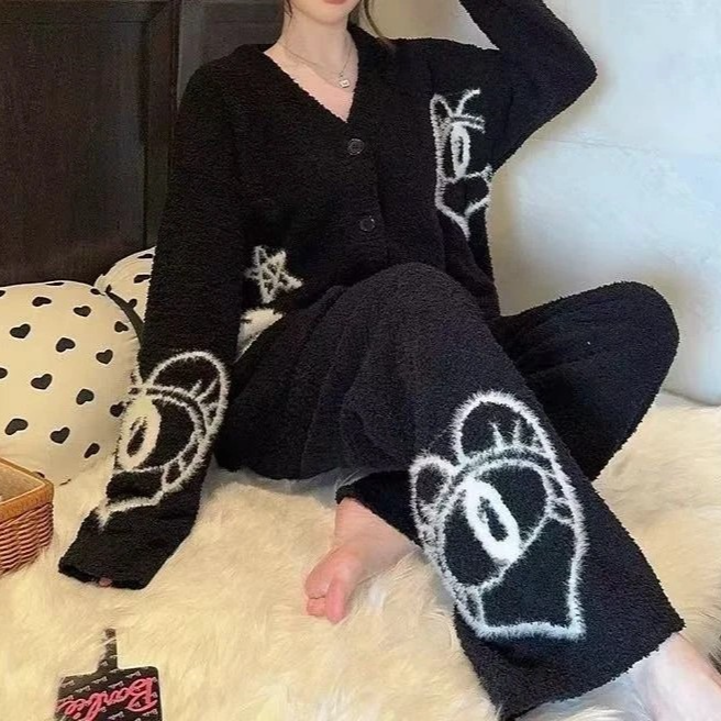 DAVINCIART软绵绵V领开衫冬季长裤保暖长袖睡衣家居服套装
