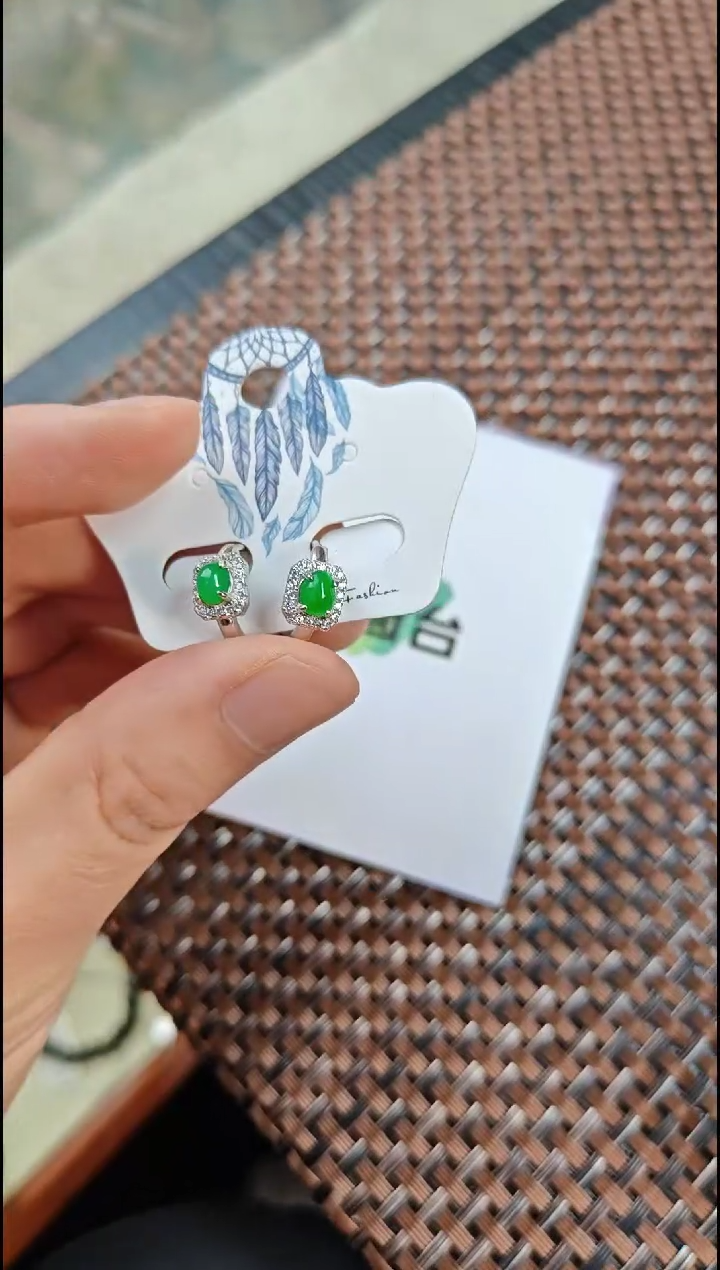 【闪购商品】翡翠耳饰银S925镶嵌翡翠耳饰S925银镶嵌