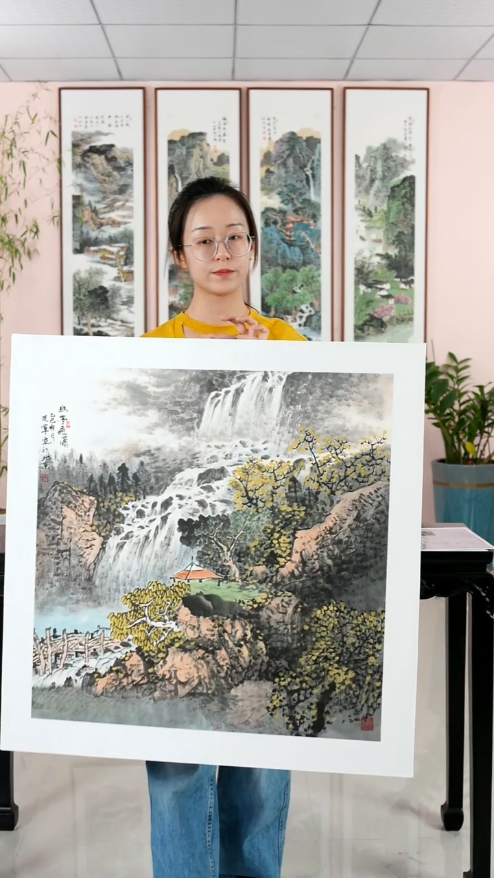 国画张现军《幽亭观瀑》手绘带框82*82厘米