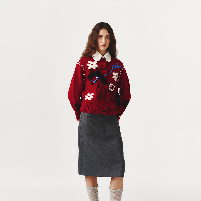 河岸家设计师FORDARE福蝶新年系列"马上有钱"花朵刺绣针织衫26春