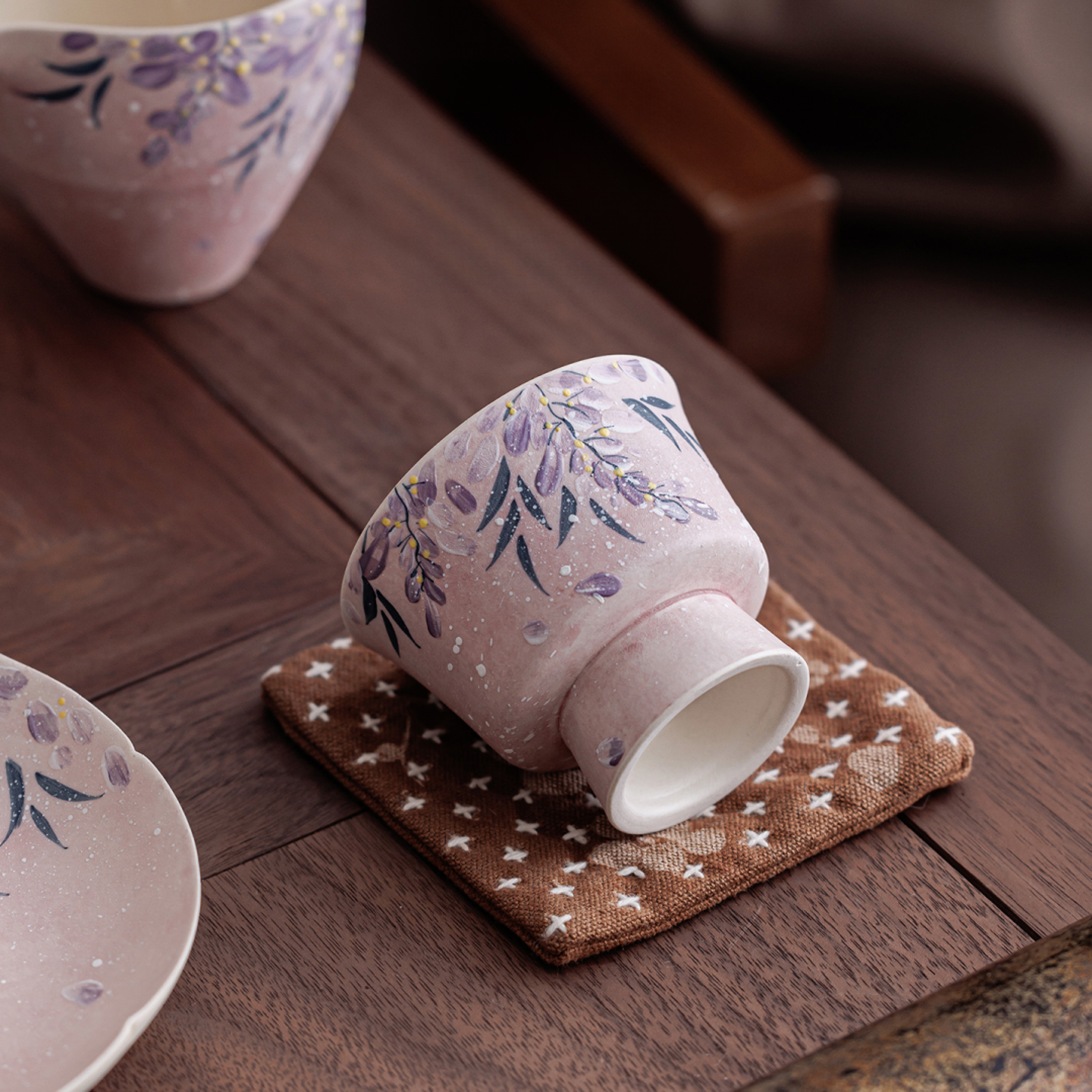 亘古粉引紫藤花主人杯陶瓷手绘茶具泡茶品茗杯客杯茶杯喝茶60-150