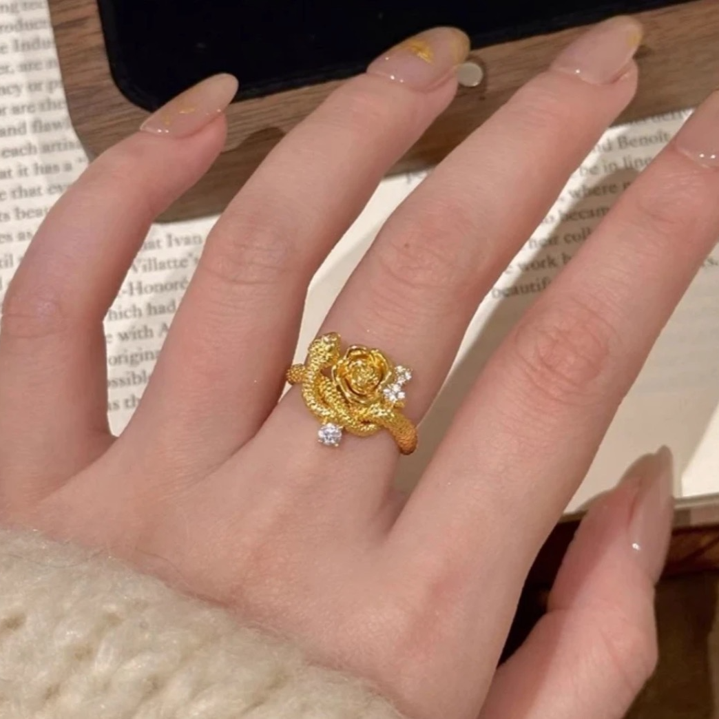 足金999 5D无氢硬金玫瑰与蛇黄金戒指灵蛇玫瑰精致时尚气质轻奢