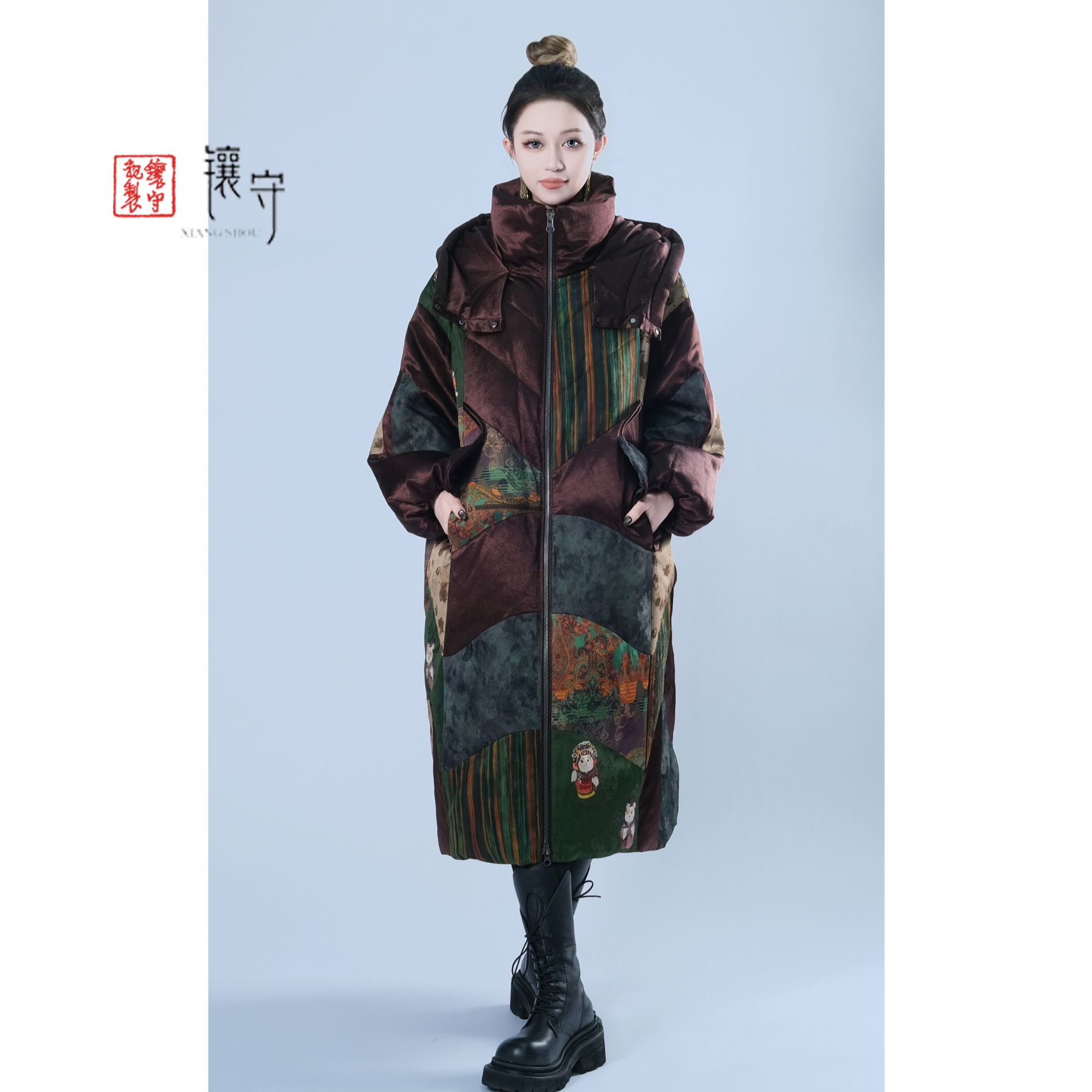 【镶守·彩寻】冬季中式优雅气质时尚宽松保暖中长款白鹅绒服G3537