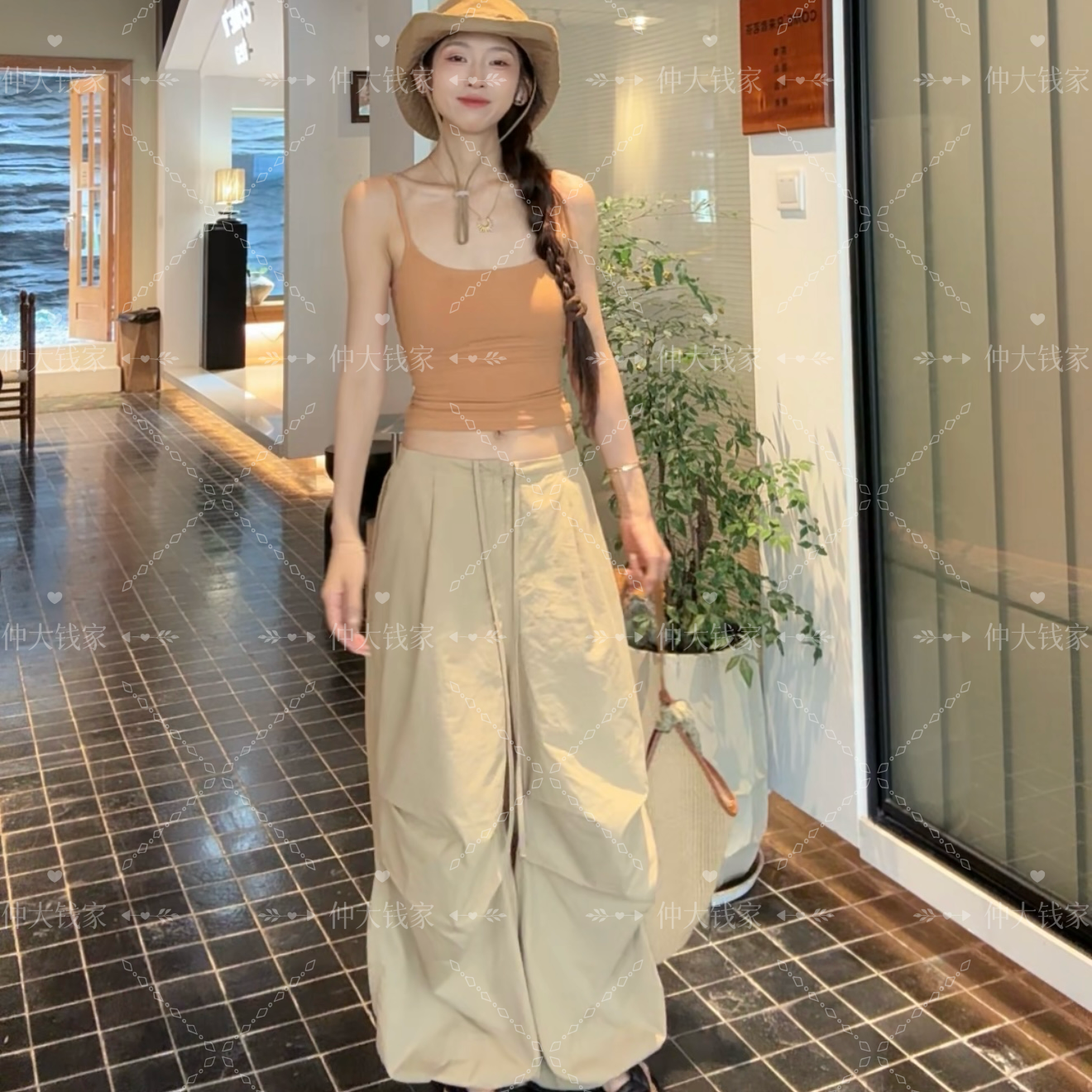 【8188】新款美式抽绳松紧腰束脚裤显瘦显高工装裤