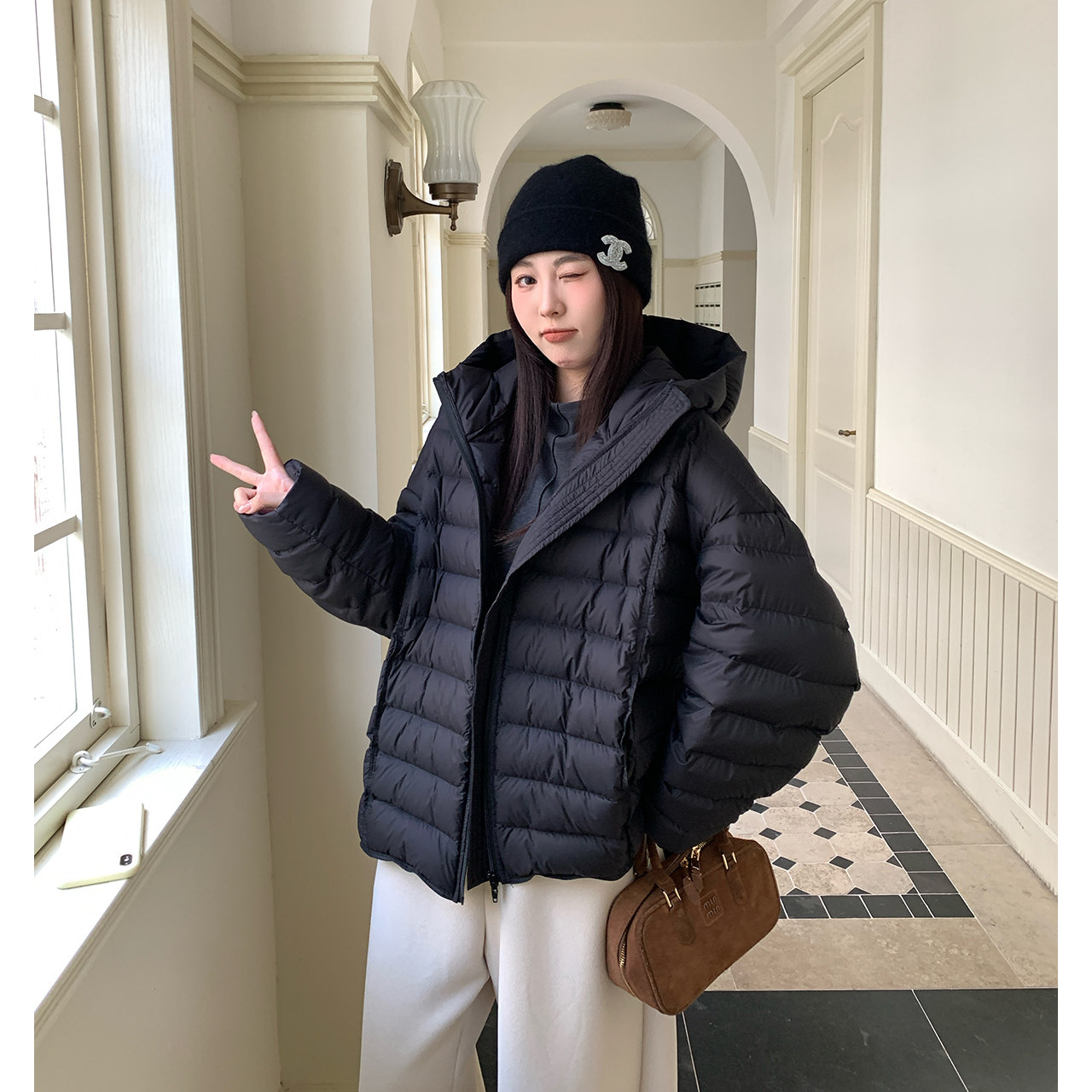 非常好穿 韩版高端连帽白鸭绒羽绒服时尚轻薄保暖排骨面包羽绒服