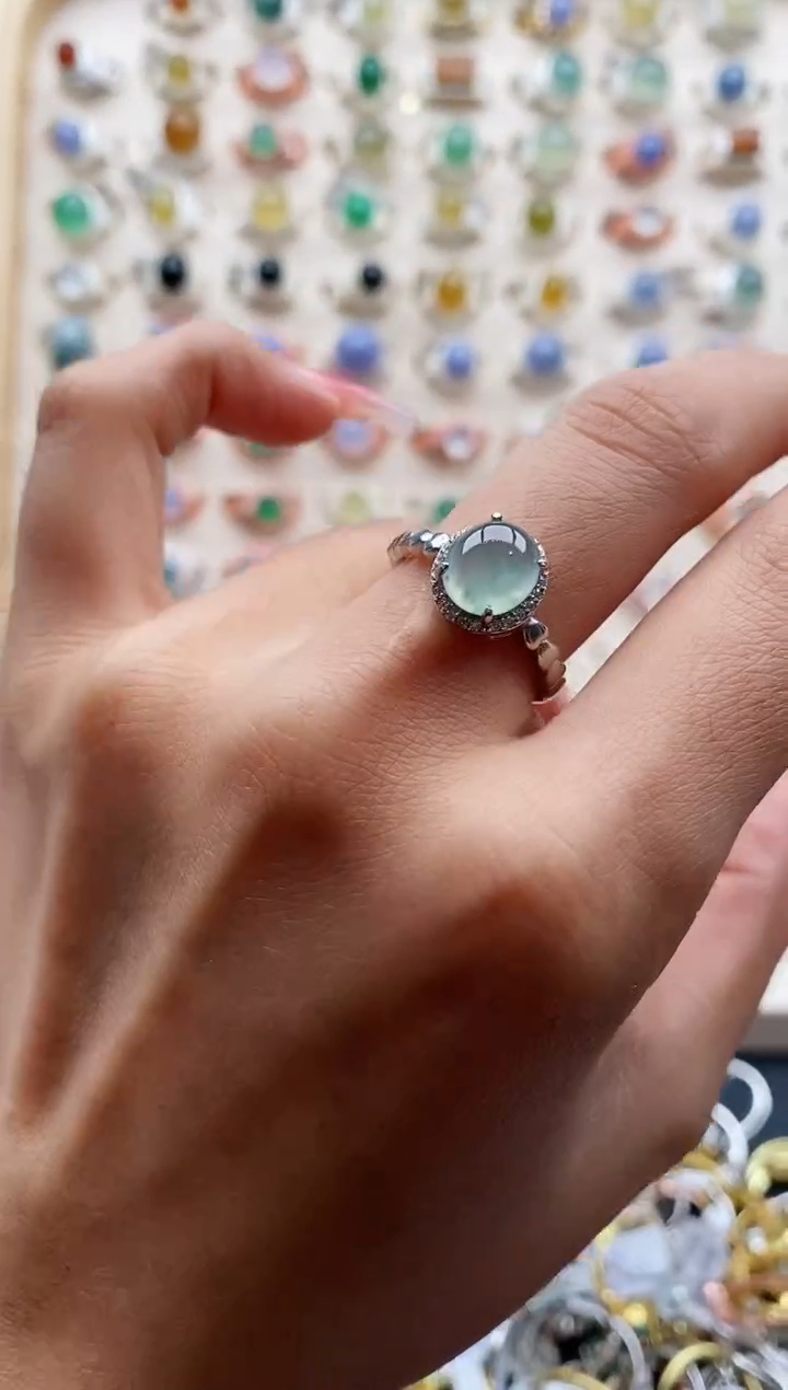 【闪购商品】翡翠戒指银S925镶嵌缅甸天然A货翡翠111 7+3