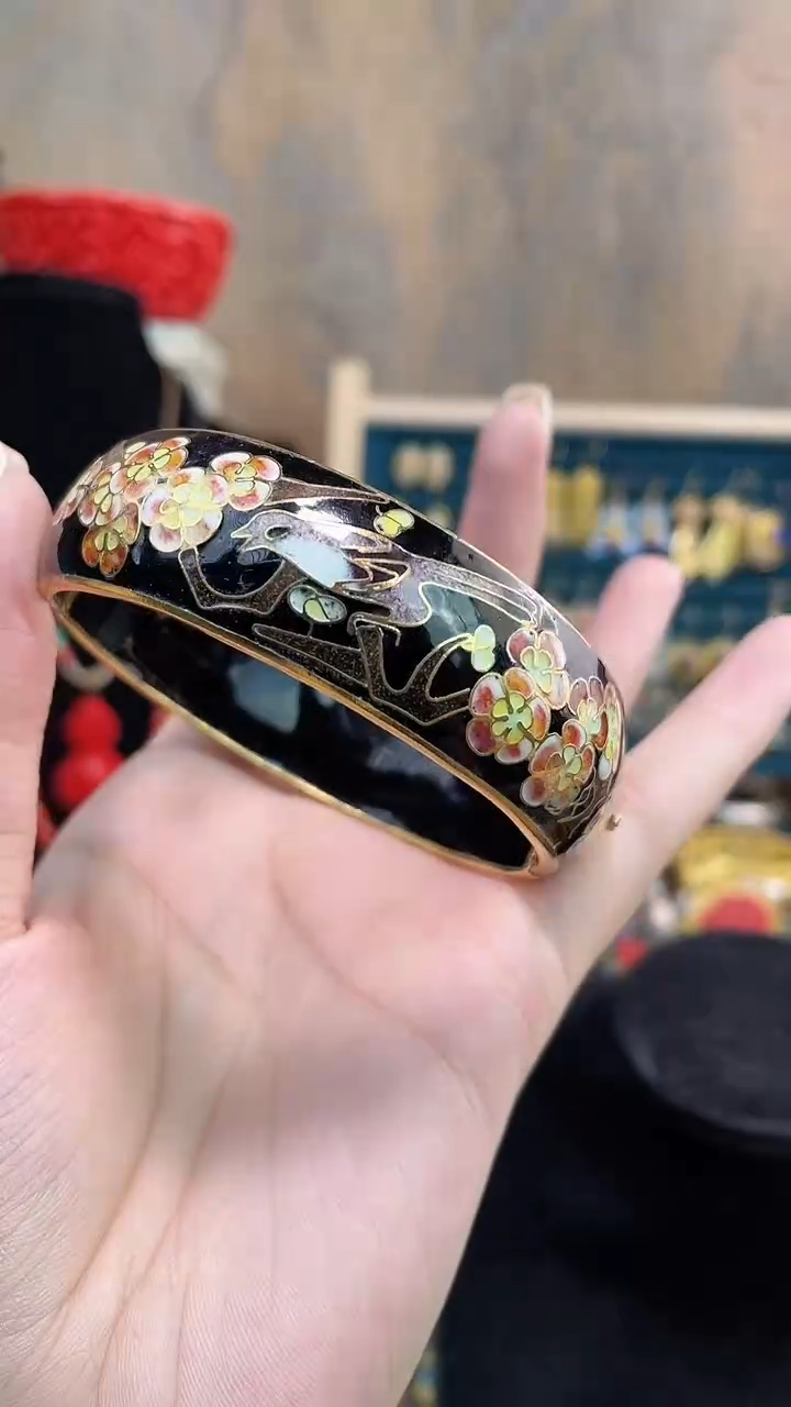 非遗手工景泰蓝开口银蓝镯子黑色黄色花