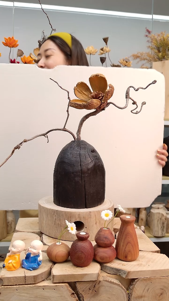 木木实木花瓶一物一拍，自然开裂