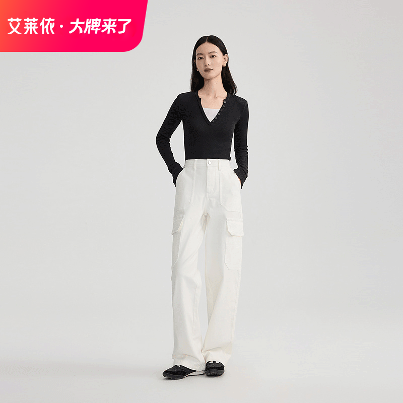 艾莱依气质简约工装休闲裤女士秋冬户外时尚百搭直筒宽松裤子6015