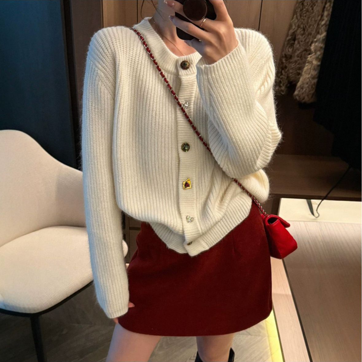 MEIZHENZI【安哥拉绒】圣诞款|秋冬宝石纽扣毛衣外套女宽松针织开衫