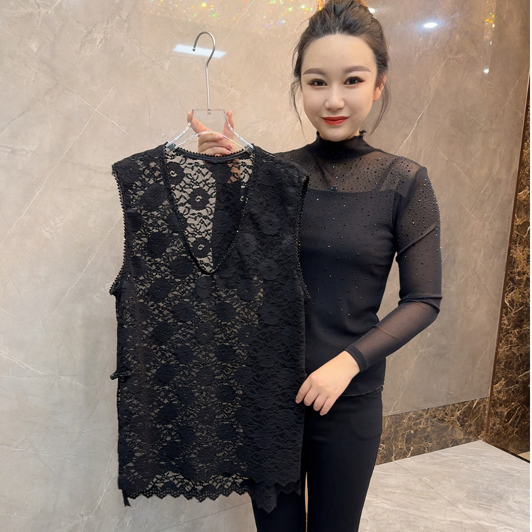 日常穿搭韩版蕾丝串珠马甲秋冬内搭新款