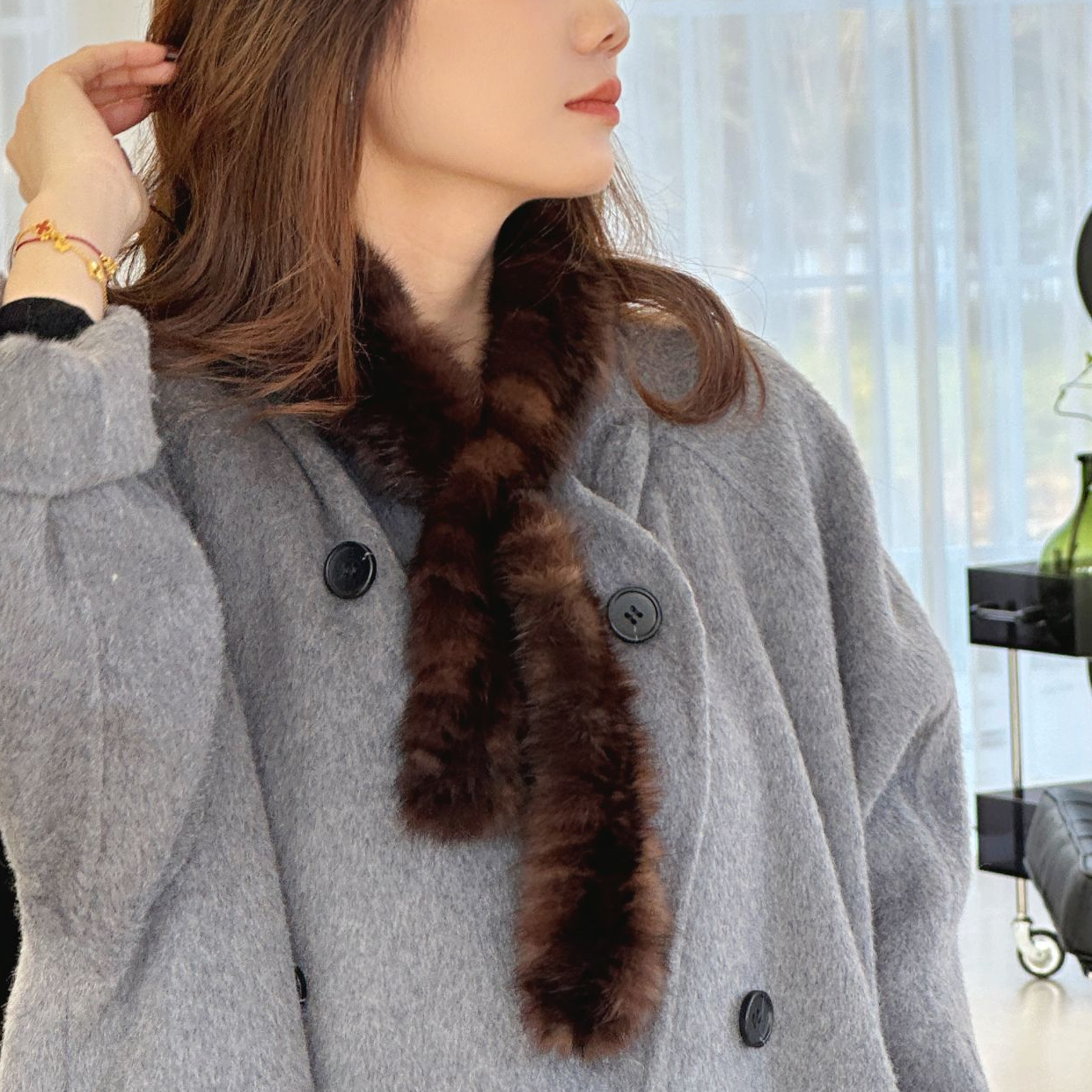 小SIZE俄罗斯黑金貂皮草ins小物迷你小直条围巾百搭双面编织围脖