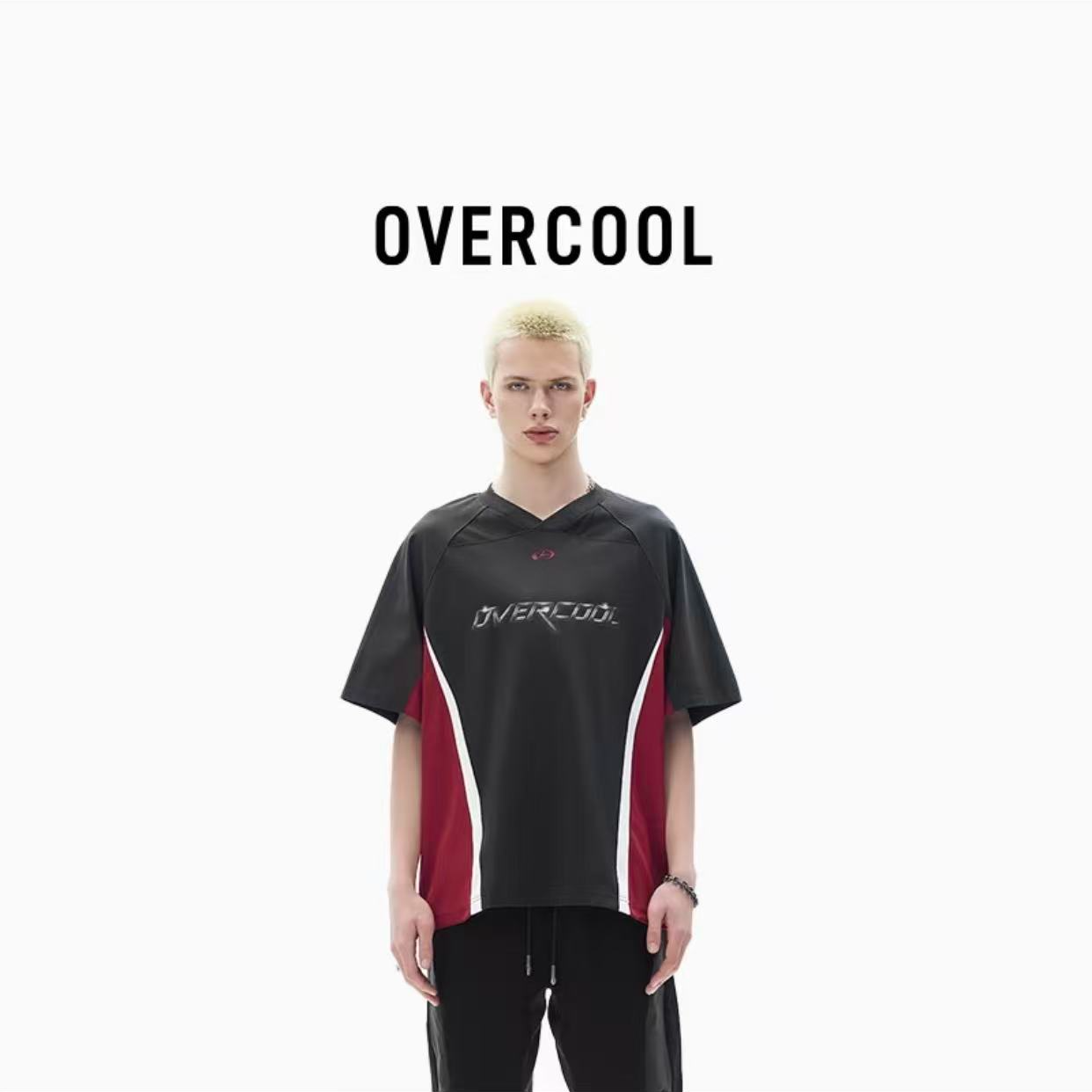 M03-TEE415-OVE夏季撞色拼接V领设计时尚半袖T恤