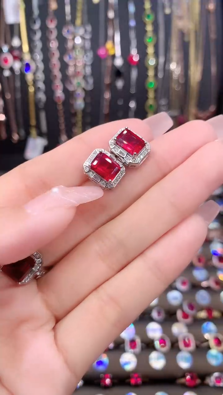 耳饰银S925镶嵌红宝石68银色酒红