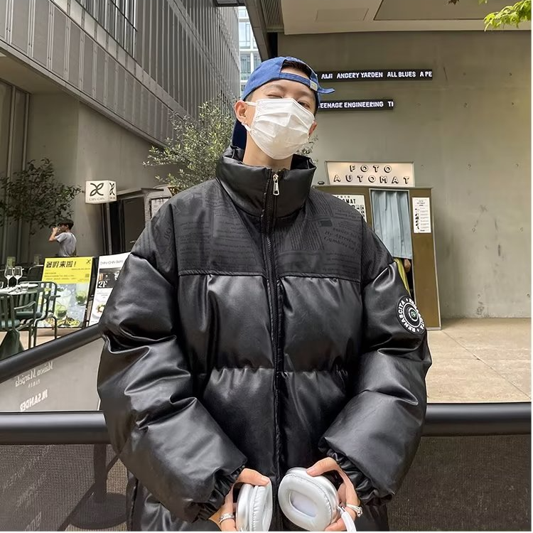 8028-BY美式拼接PU皮棉服男冬季新款潮牌宽松休闲百搭棉衣外套