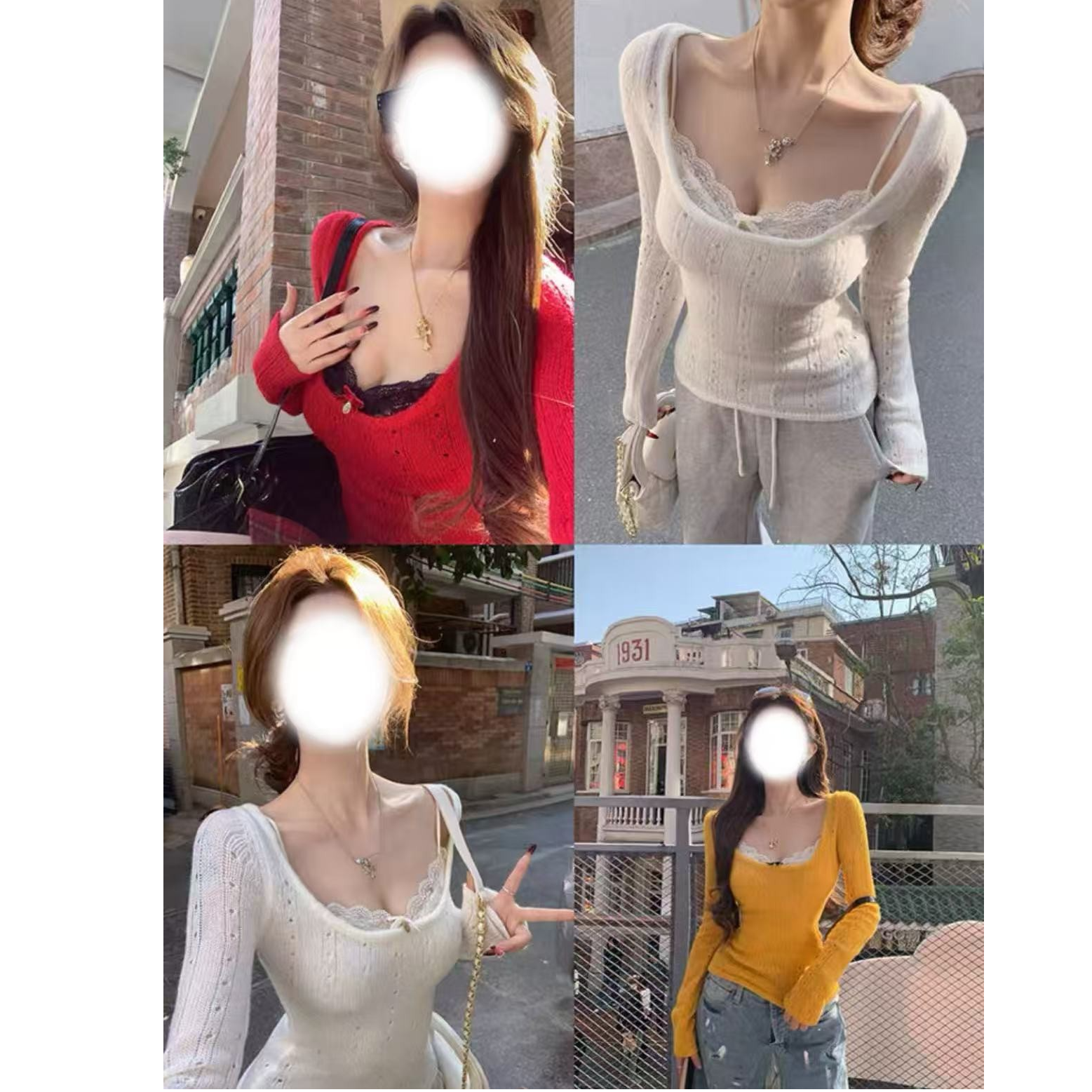 胖鹅张~辣妹大方领镂空收腰针织上衣#6550
