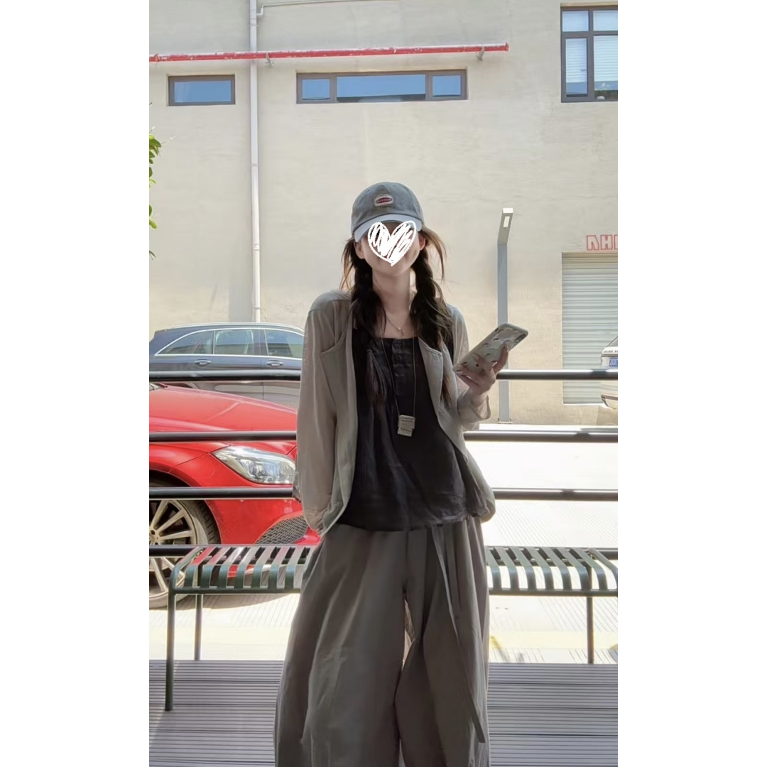 韩系穿搭一整套开衫+减龄背心吊带+高腰阔腿休闲裤   60102