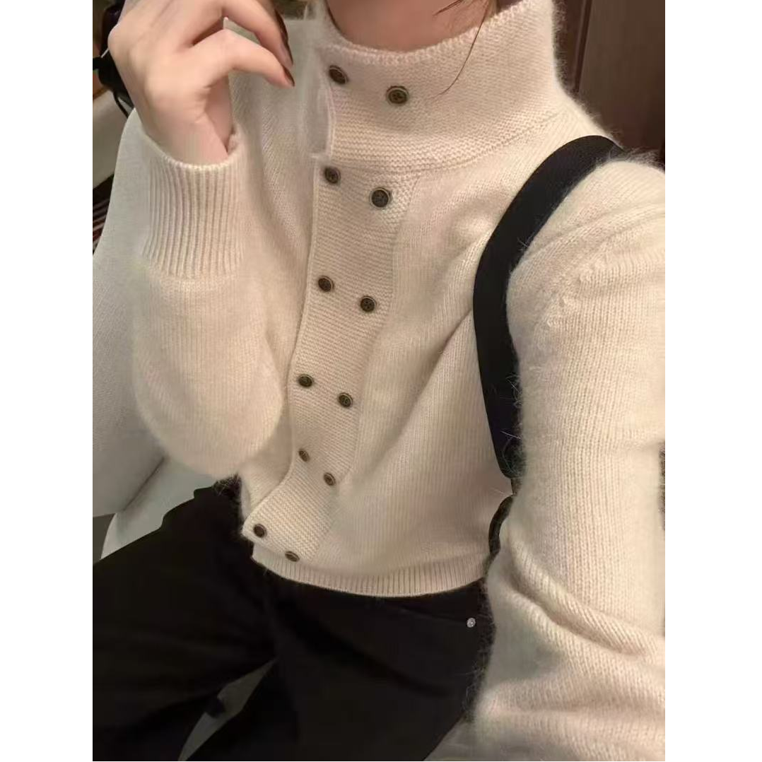 立领双排扣设计羊毛针织开衫高级百搭毛衣【不机洗，平铺晒，微掉毛】