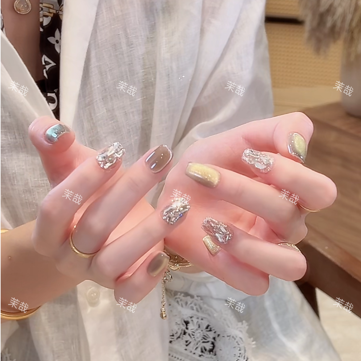 茉哉现货【青提灰绿】纯手工定制美甲可拆卸穿戴甲A3368