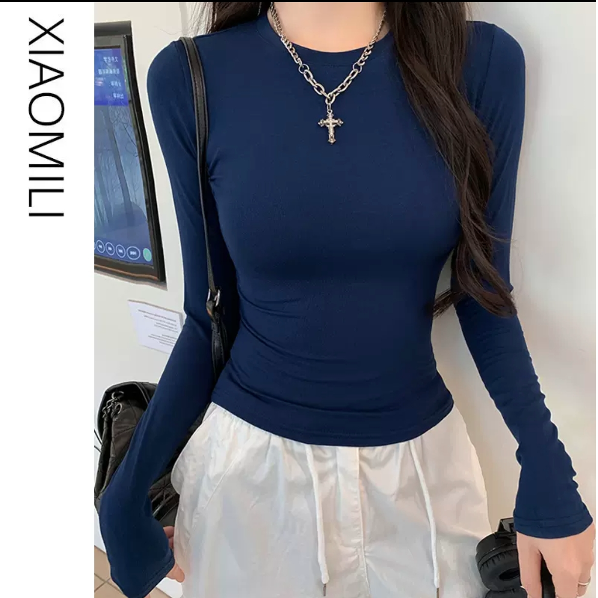 茶芙巷正肩圆领长袖打底衫女修身内搭T恤洋气修腰身上衣女YJL3863