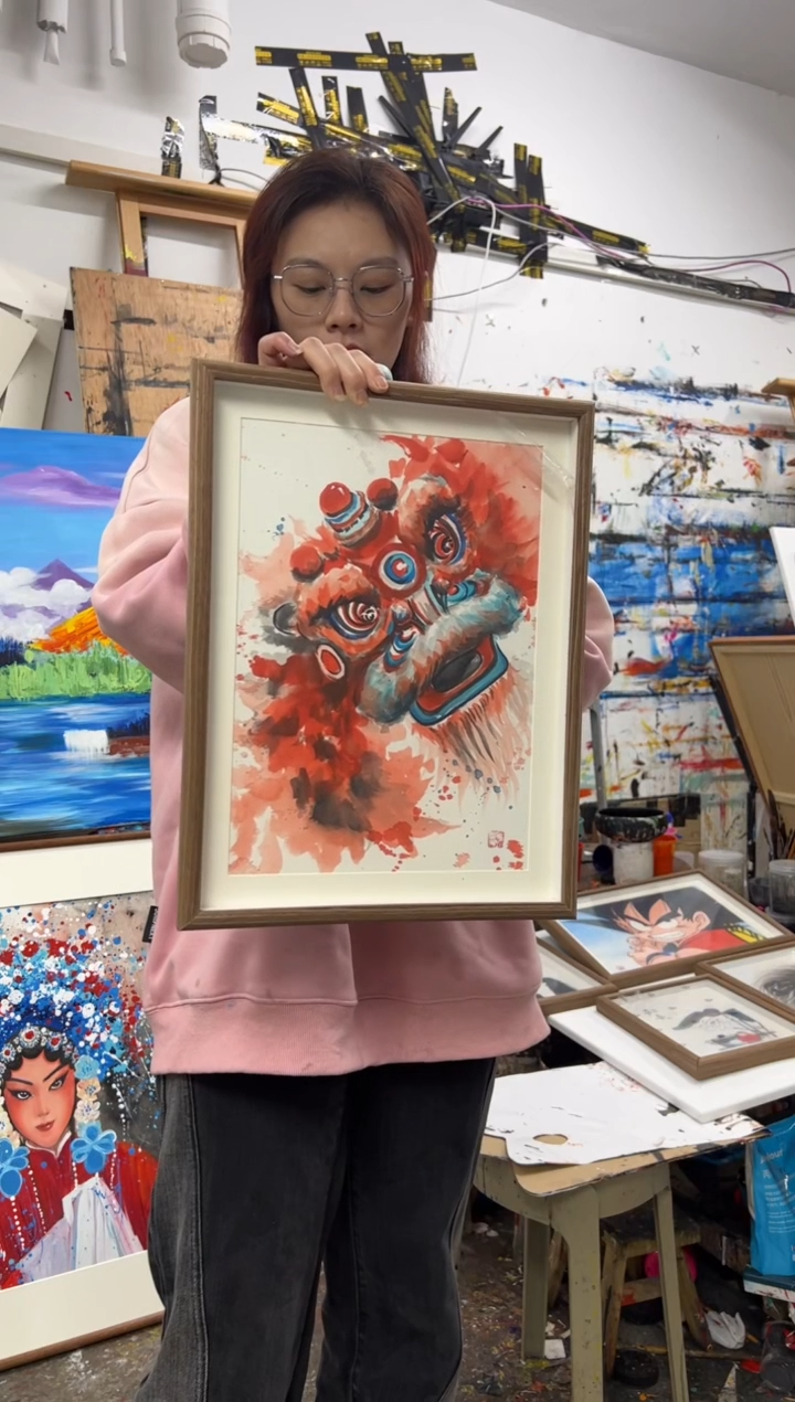 【闪购商品】丙烯画丫丫摆台朱砂醒狮