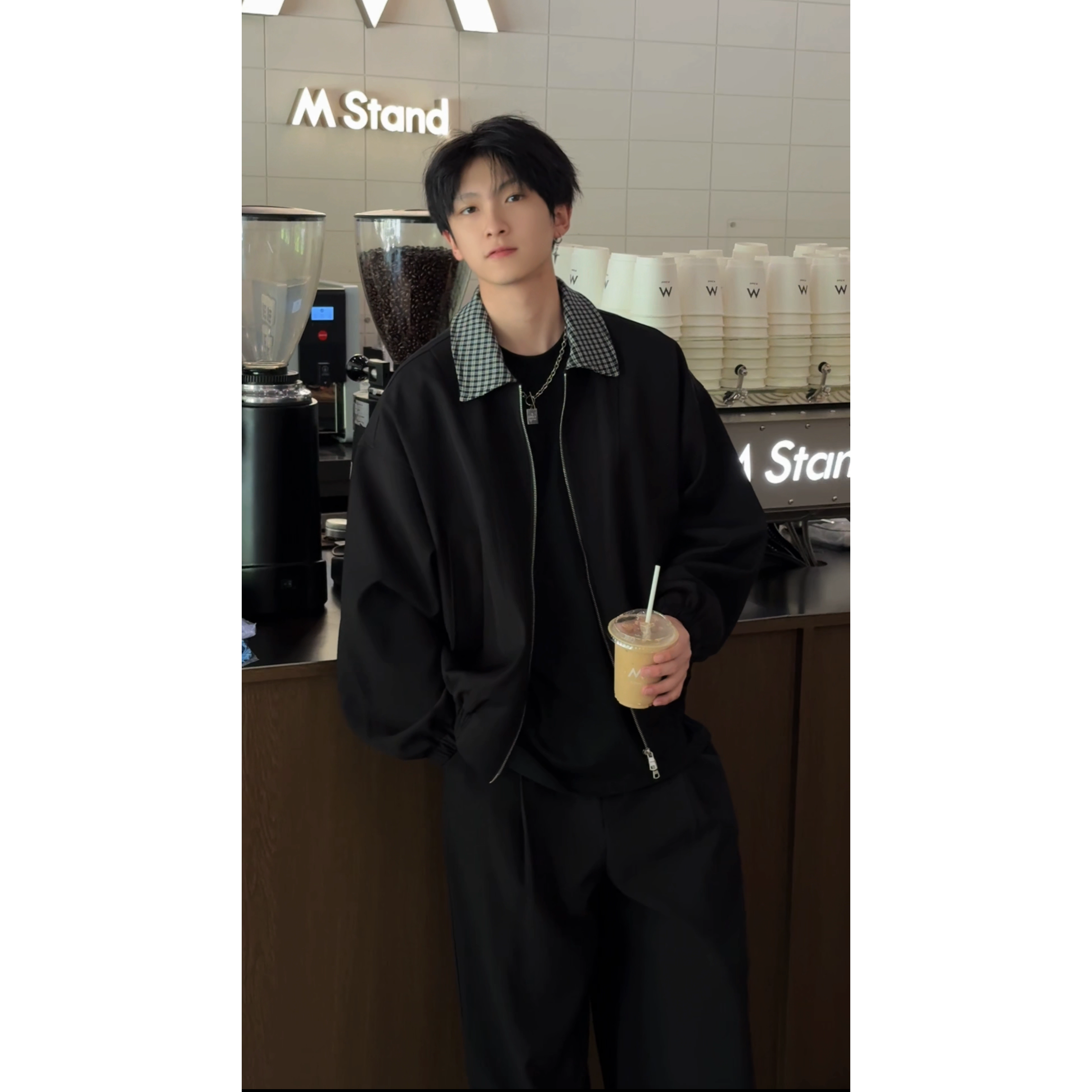 秋冬新款休闲夹克男生格子翻领韩版宽松外套百搭复古时尚潮流ins