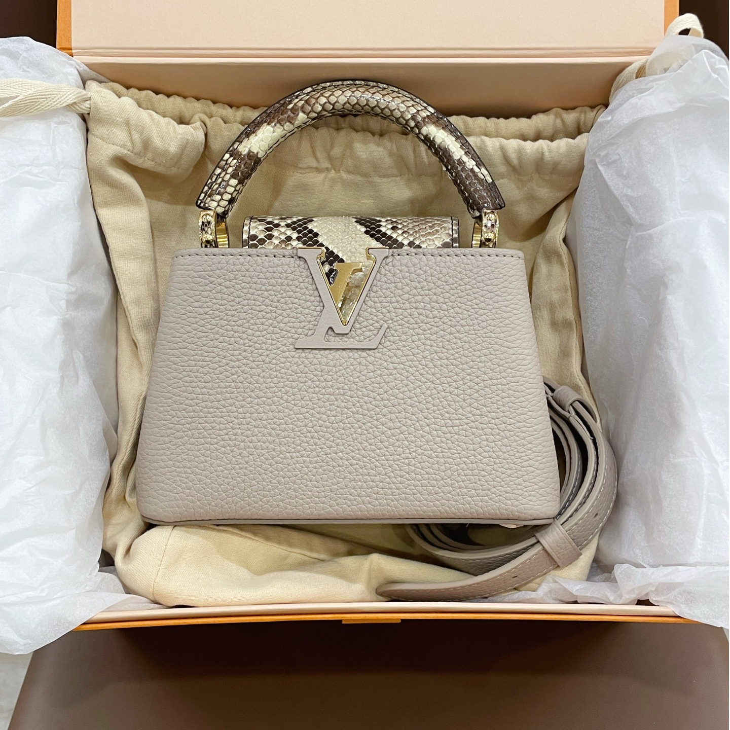 99新 LouisVuitton/路易威登 Capmini稀有皮大象灰拼蟒蛇手提包