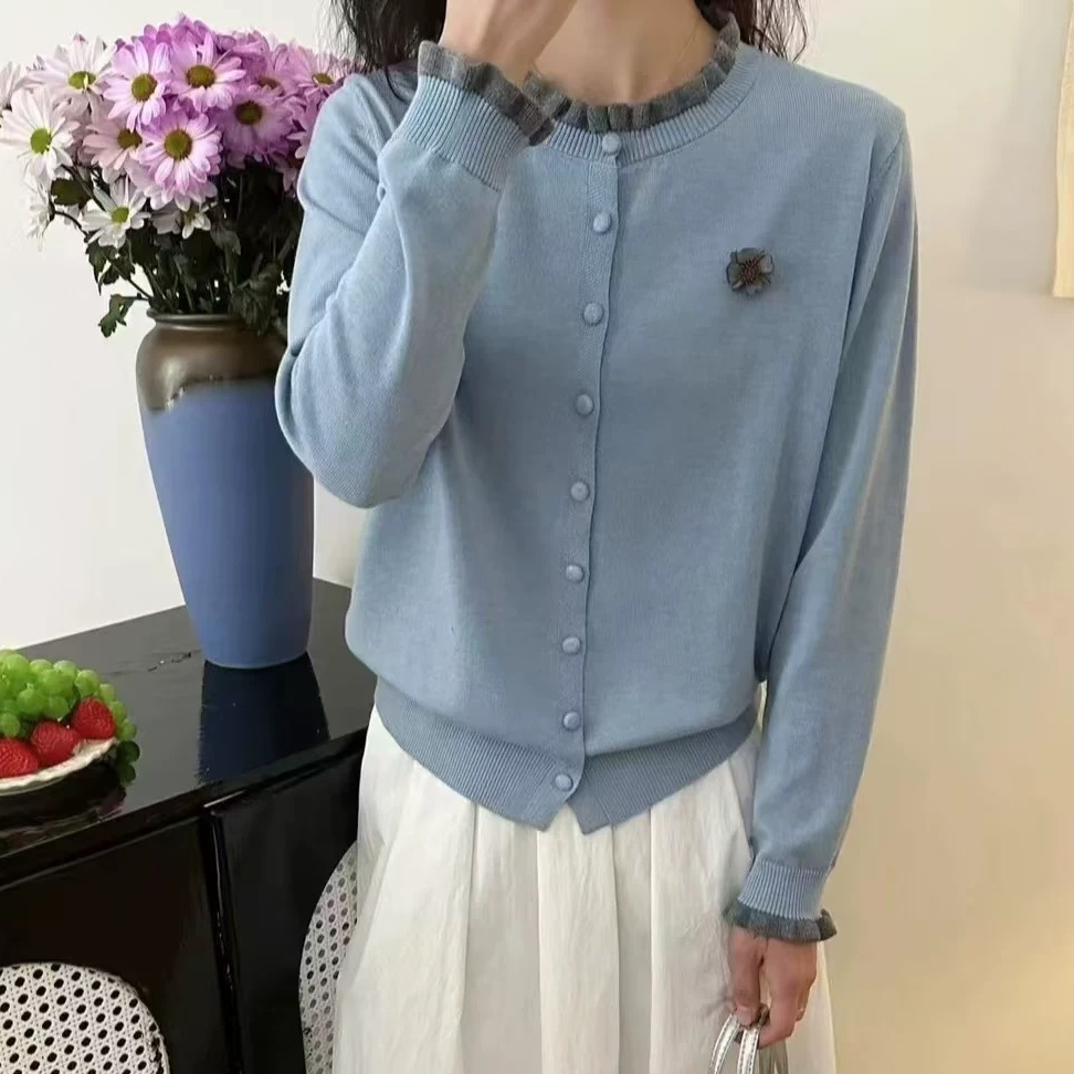 2025春季新款撞色花边针织开衫女蕾丝拼接软糯休闲上衣