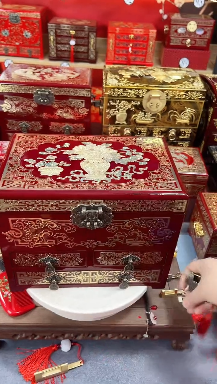 【闪购商品】28厘米新款四层三抽掐丝螺钿酒红平安