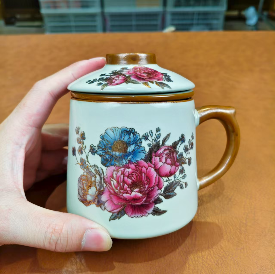 G4012-掐丝金牡丹汝窑办公杯高档家用陶瓷大容量精美