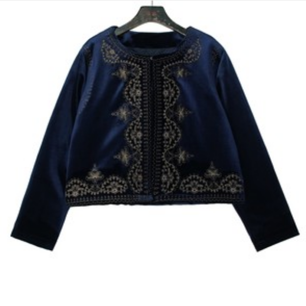 原创设计24-1671【龚霞阑珊】民族风刺绣圆领丝绒复古棉衣