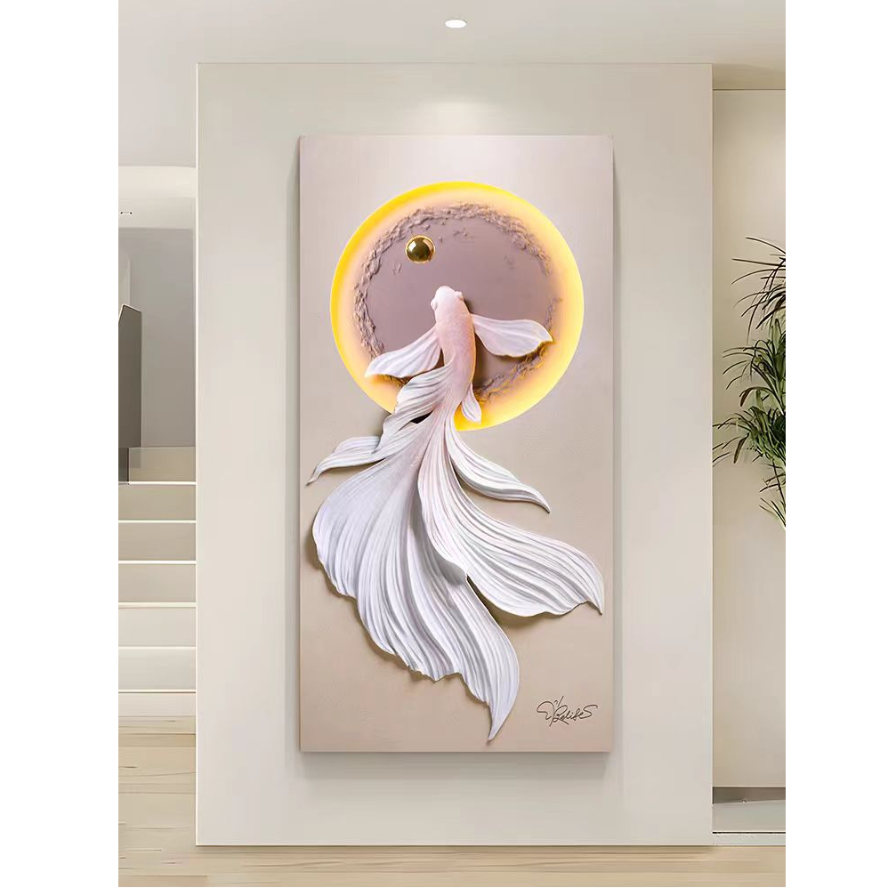 立体砂岩玄关装饰画锦鲤寓意好氛围灯画奶油风高级感走廊过道挂画