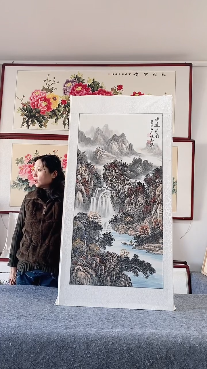 国画纯手绘国画125*65带框装饰挂画