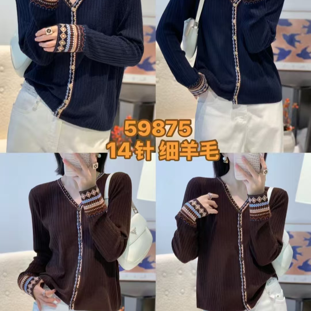 59875秋款针织14针细羊毛V领袖口花纹