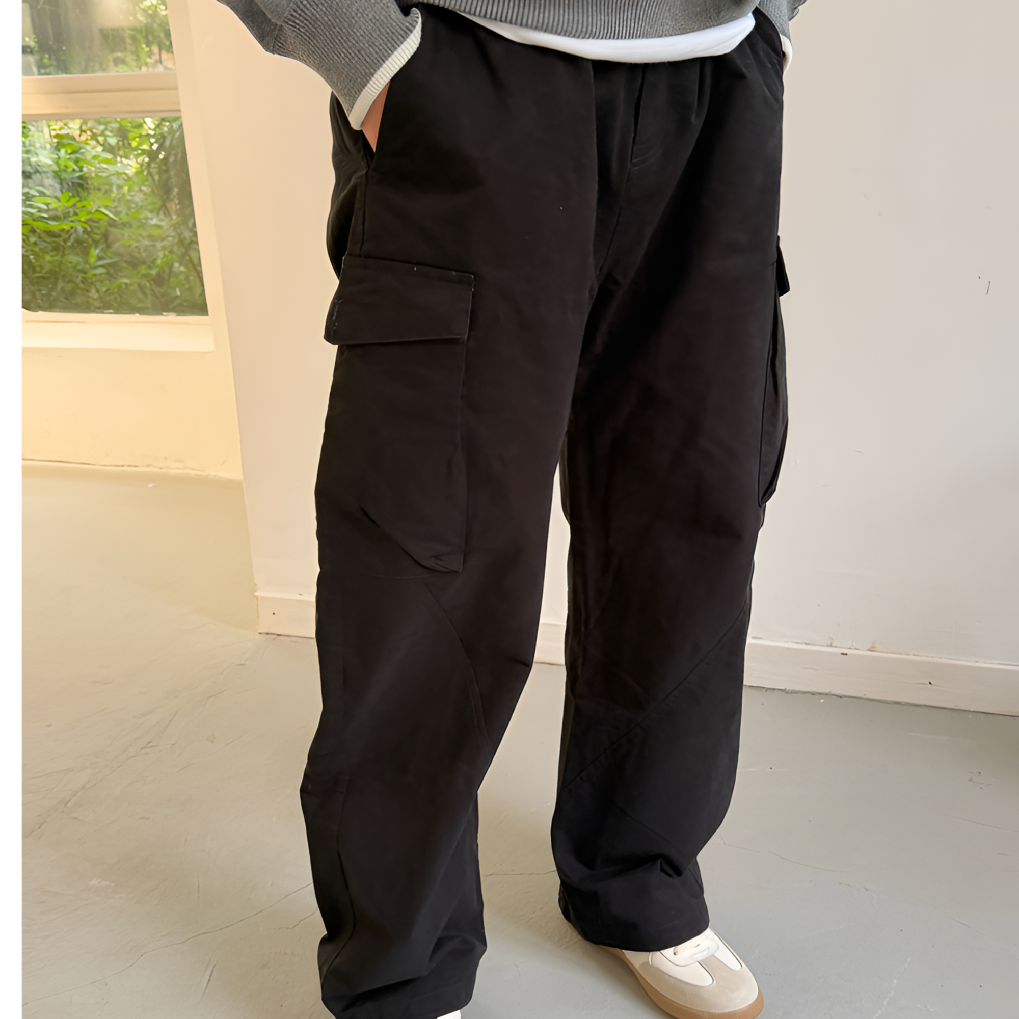 SONSUN 秋冬男女弯刀工装裤纯棉多口袋|军绿黑色