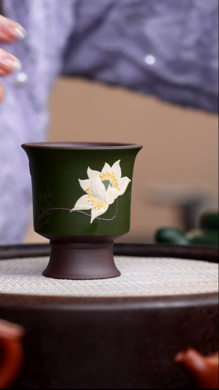 茶壶紫砂民国绿粉浆高脚杯白莲