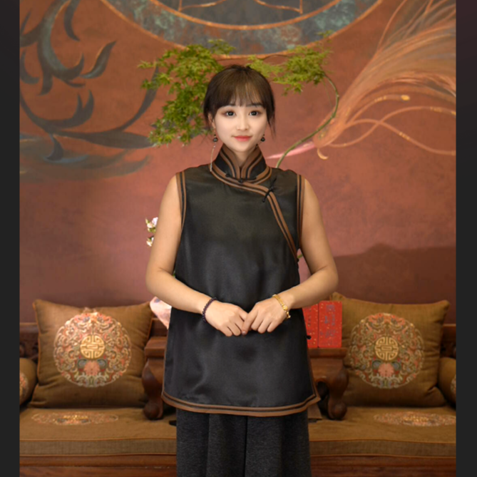 爱上莲心香云纱皮子料斜襟盘扣马甲  国风新中式老钱风