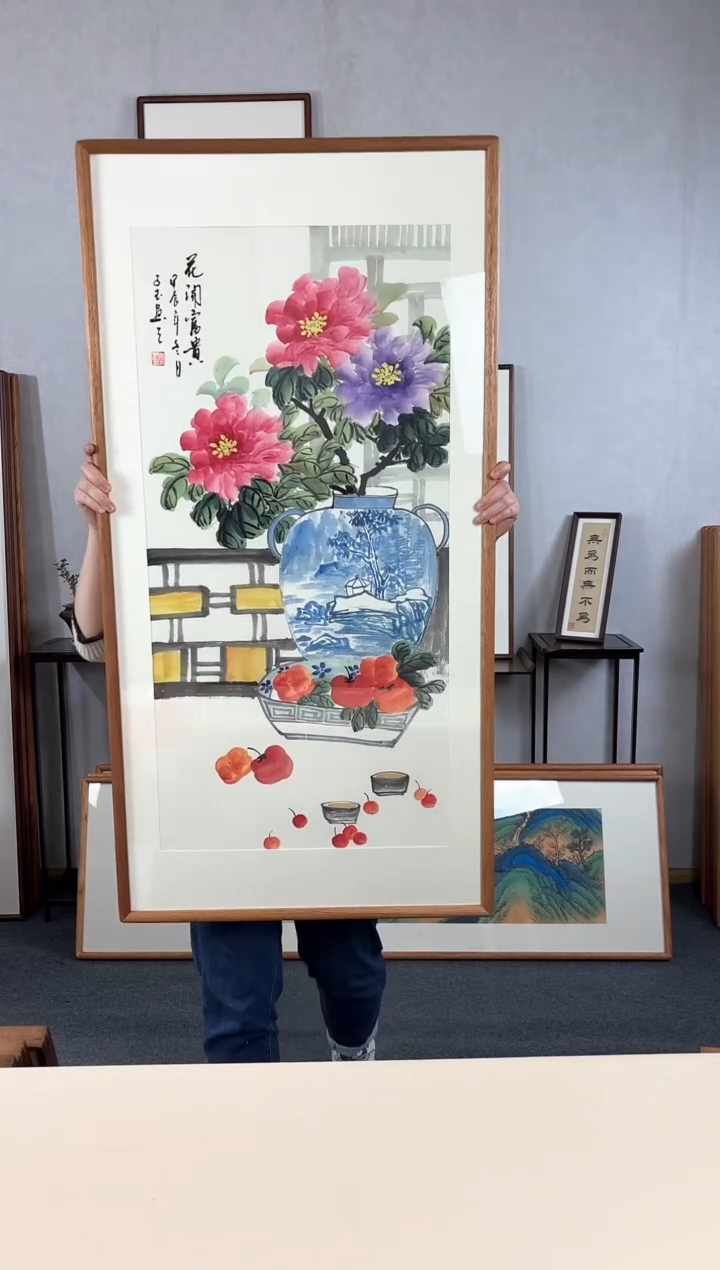 【闪购商品】国画手绘*花开富贵*62*123cm实木框