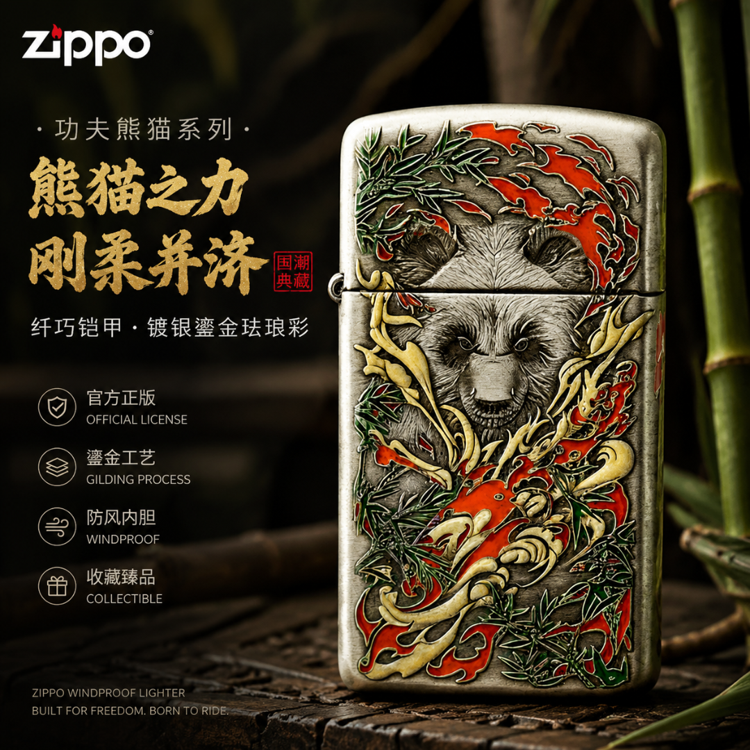 ZIPPO打火机千语纤巧盔甲镀银鎏金珐琅彩功夫熊猫创意窄盔打火机