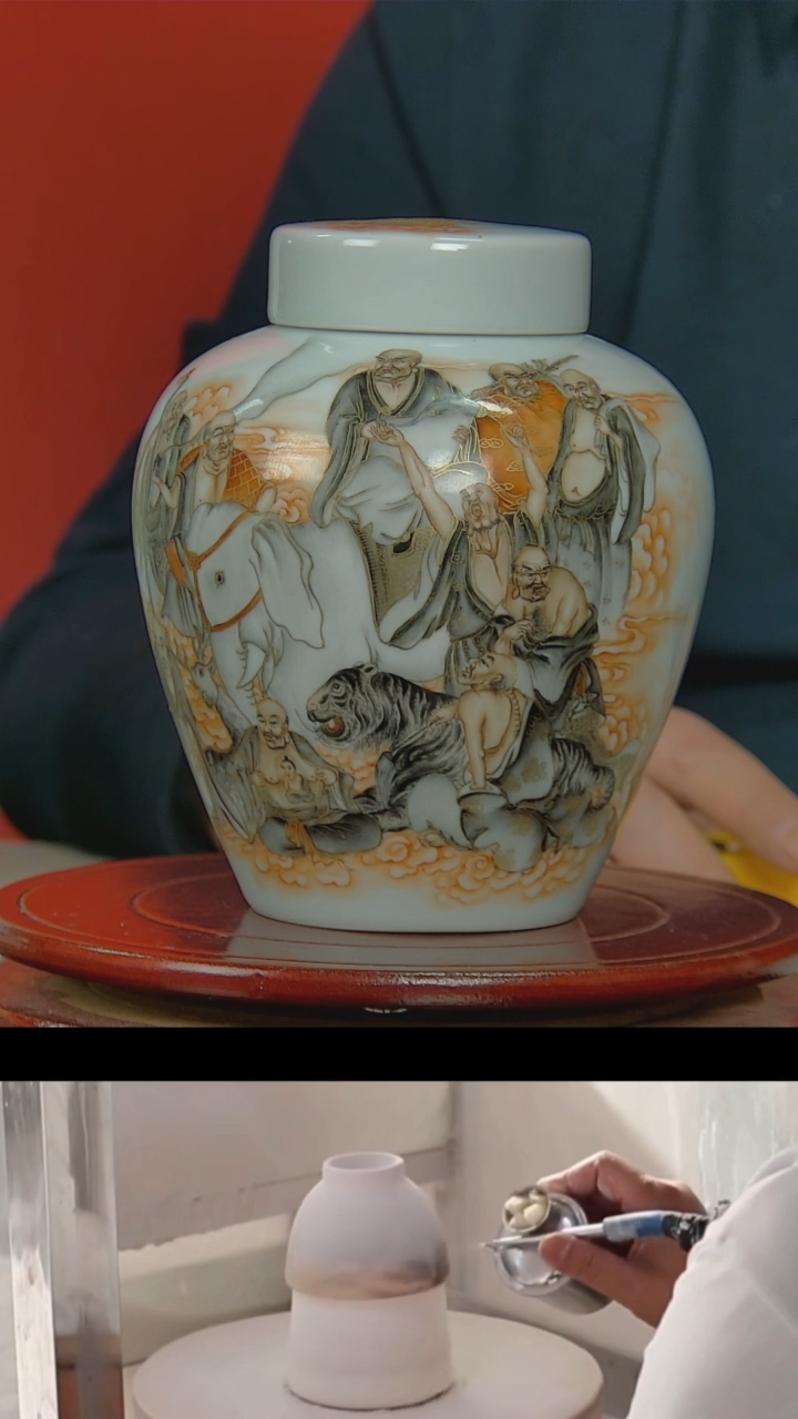 【闪购商品】015景德镇民间艺人十八罗汉画片茶叶罐