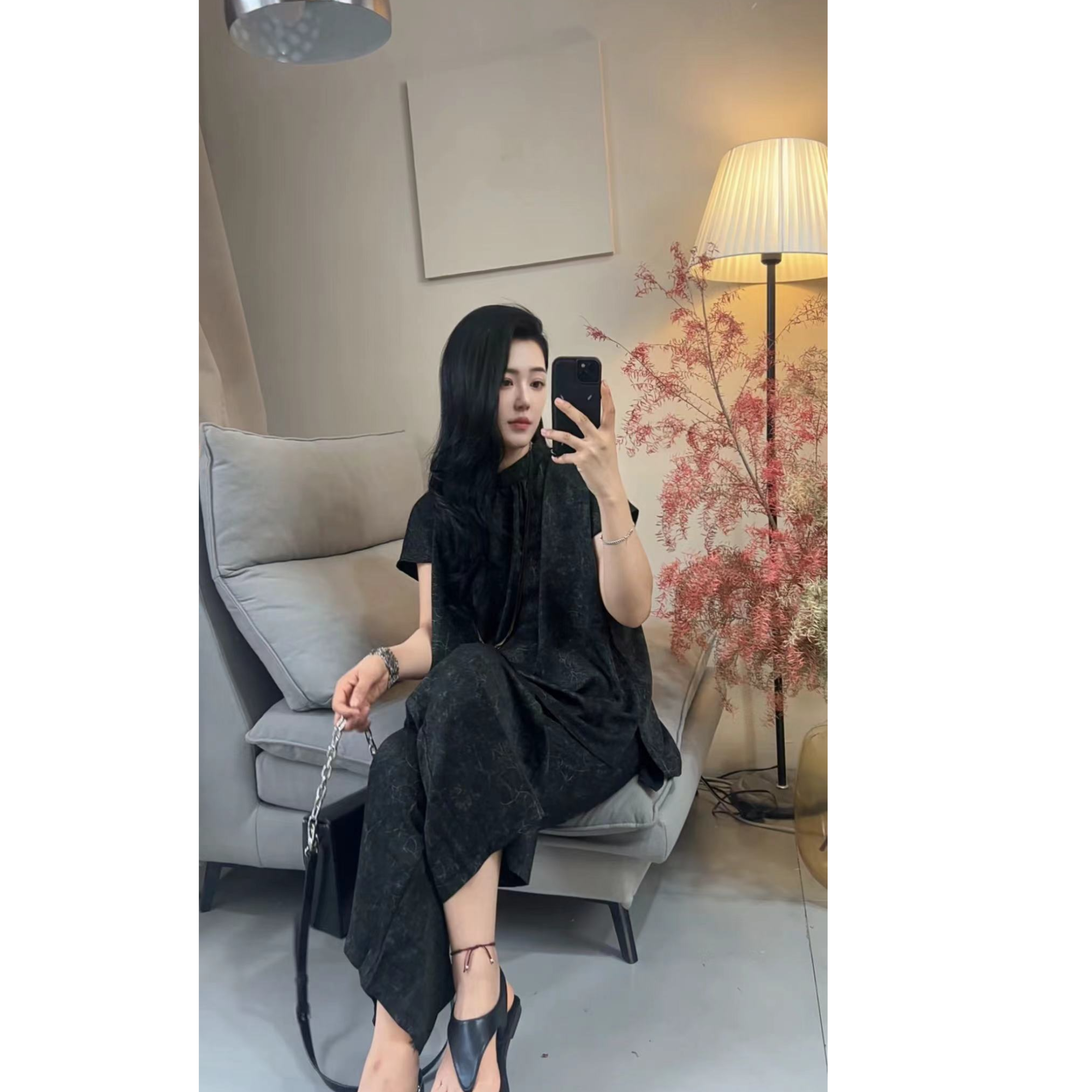 时尚套装夏季新款复古小众设计师显瘦短袖长裤套装裤黑色阔腿裤