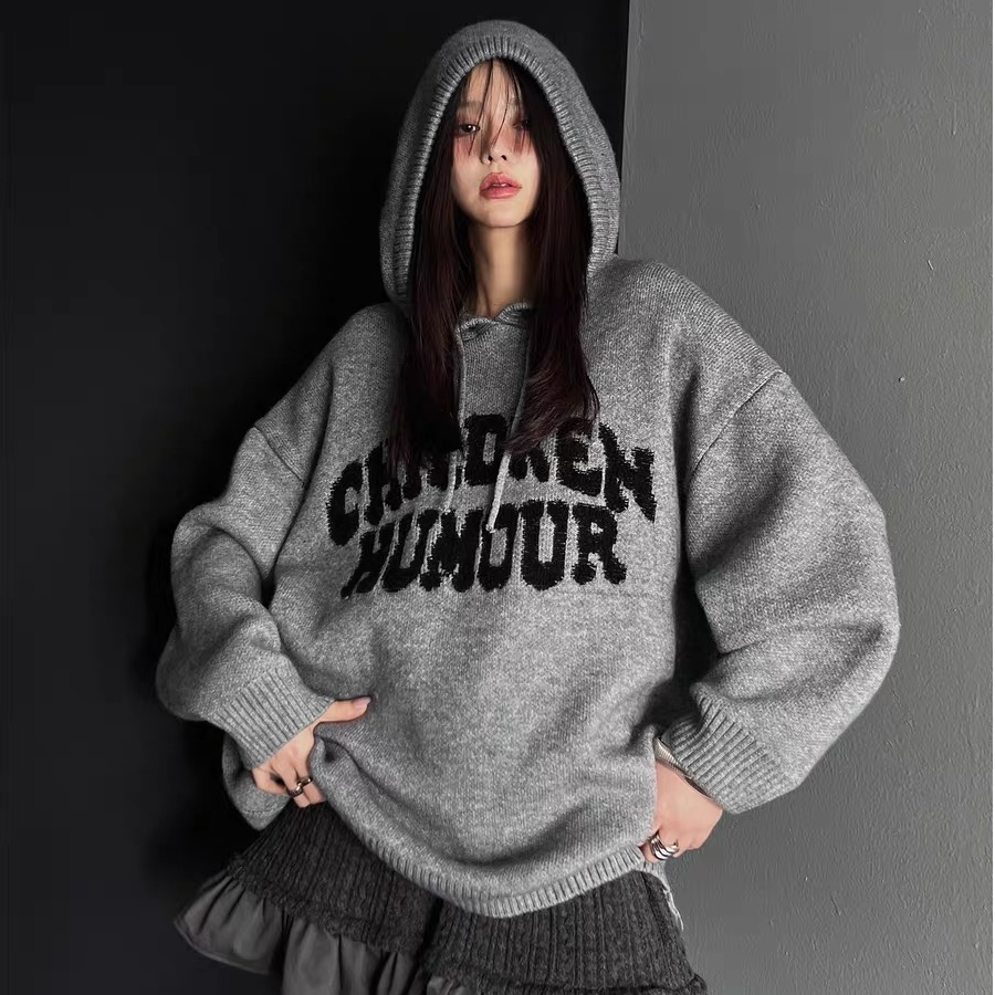 美式复古连帽毛衣女秋冬季东大门网红慵懒风套头针织卫衣松弛感上