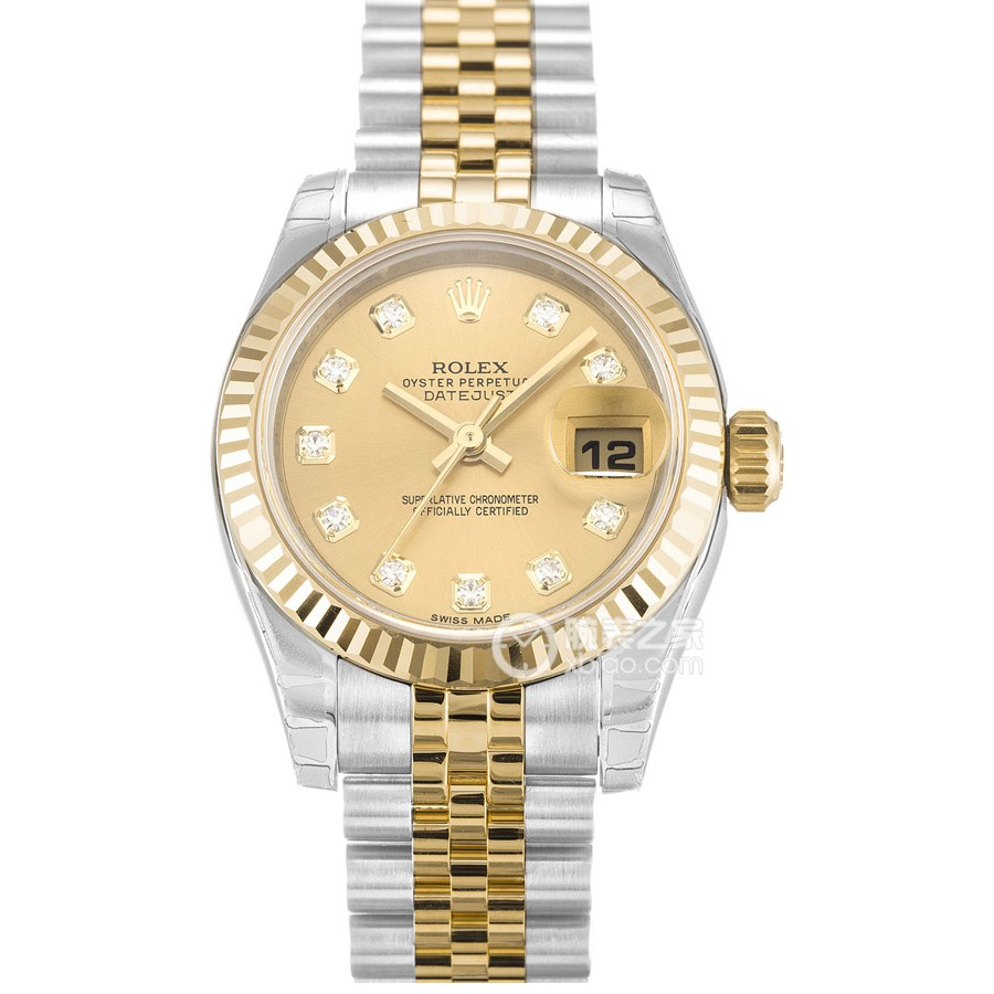99新 Rolex/劳力士 女装日志179173/香槟金镶钻/26表径/单表女表