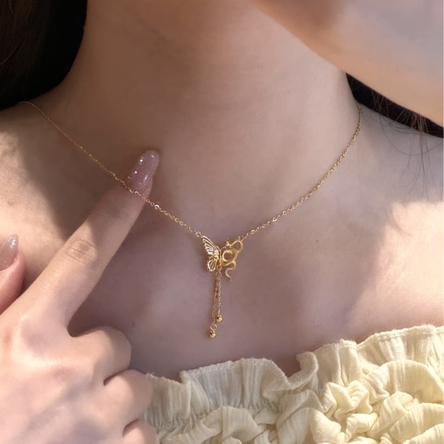 坠链均足银 金包999足银灵蛇蝴蝶项链女款生肖蛇本命年坠链可调节