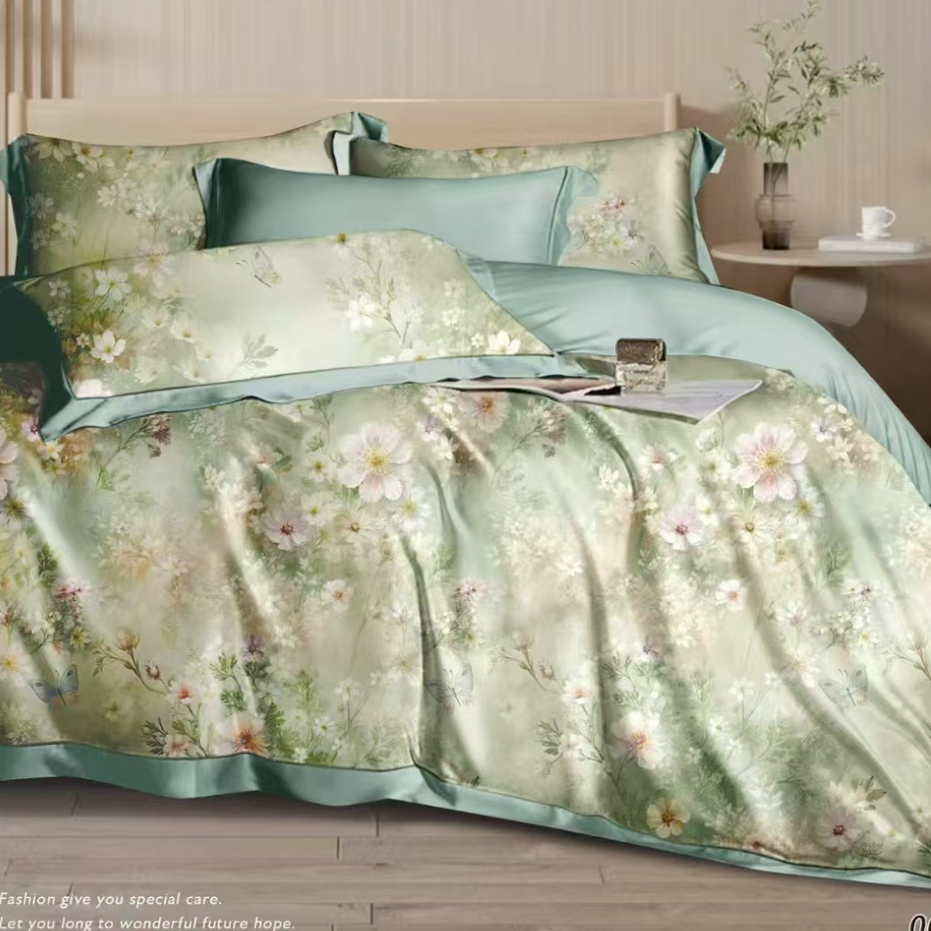 小杨家【浪漫小樱花-绿色】FQY-数码印花高端黑金双礼盒系列四件套！