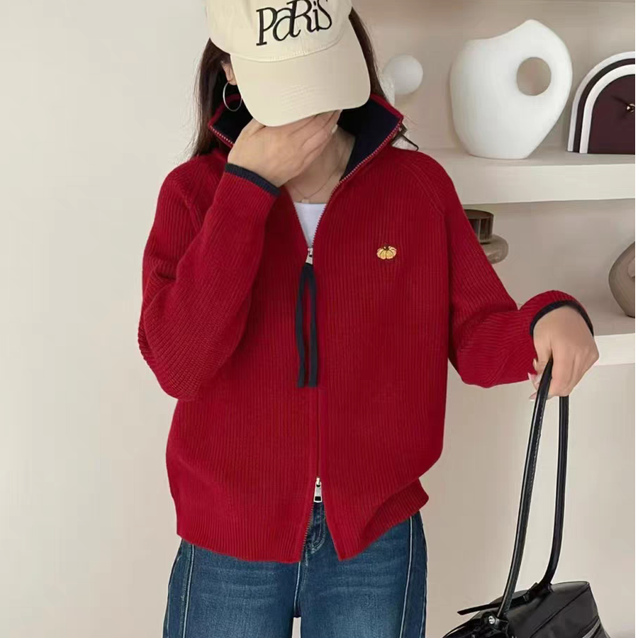 简单干净气质的穿搭！高领拉链开衫撞色小众针织衫毛衣女上衣