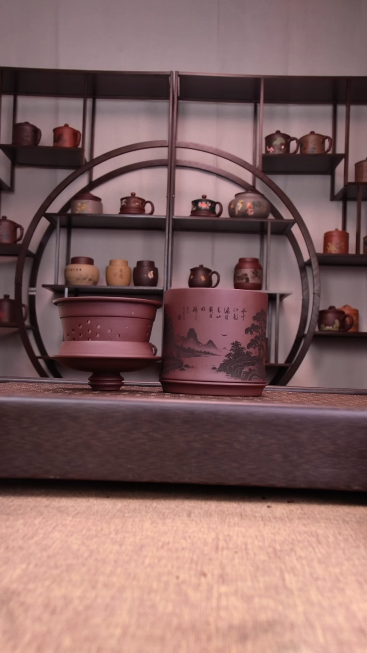 茶杯紫砂沛刻绘 山水三件套加分装礼盒